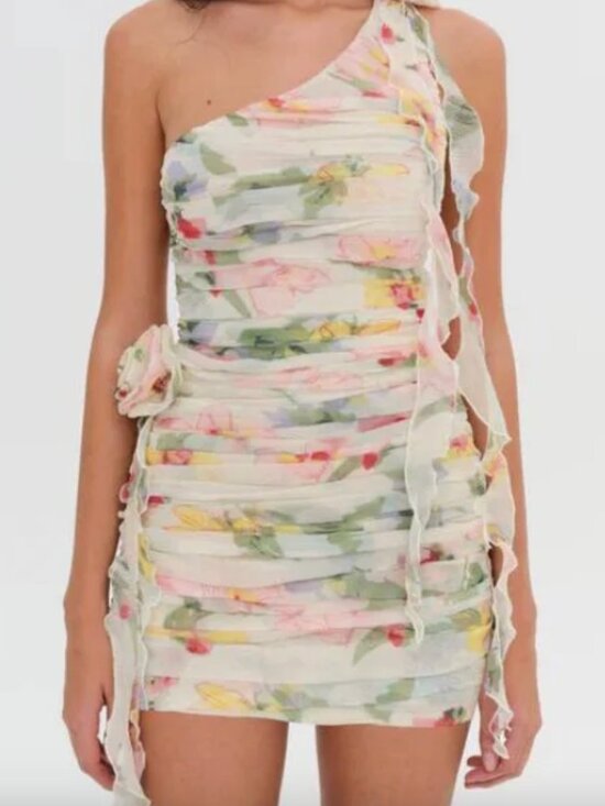 For Love And Lemons Dresses & Skirts - For Love & Lemons Abby One Shoulder Floral Ruched Chiffon Mini Dress M NWT